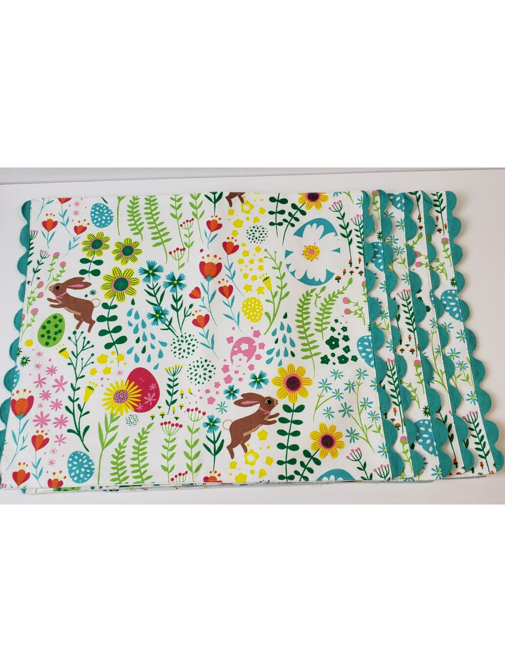 White Floral Easter Bunny Rabbit Placemats QTY 5 Cotton Teal Ric Rac Edges